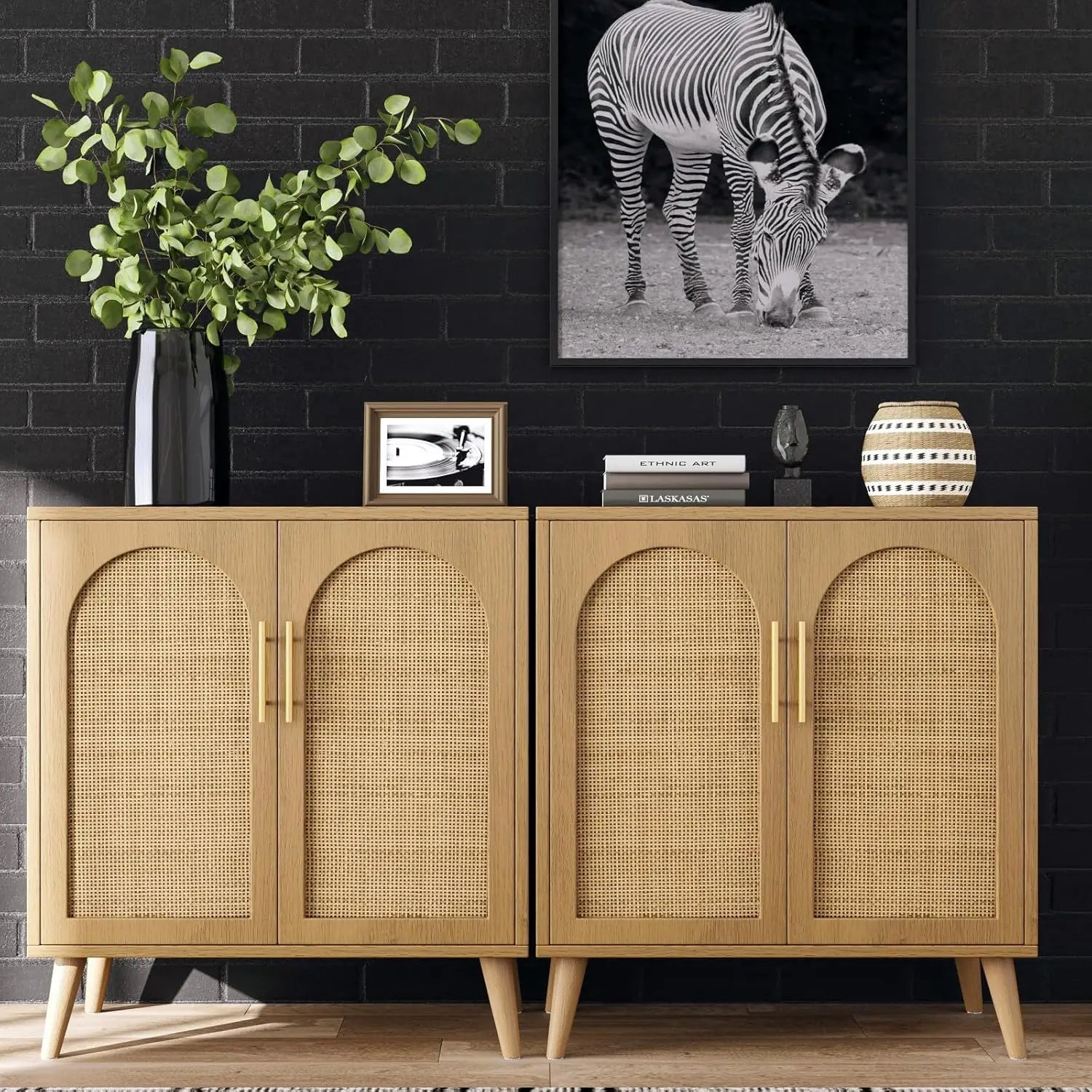 Set of 2 Storage Cabinet with 4 Doors, Accent Bathroom Floor Cabinet, Modern Sideboard Buffet Closet for Living Room, Entryway