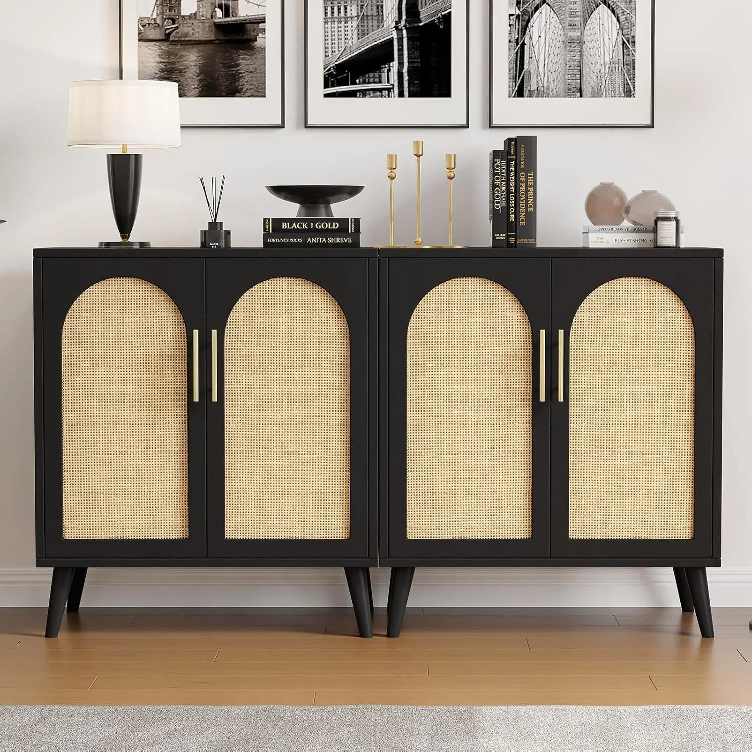Set of 2 Storage Cabinet with 4 Doors, Accent Bathroom Floor Cabinet, Modern Sideboard Buffet Closet for Living Room, Entryway